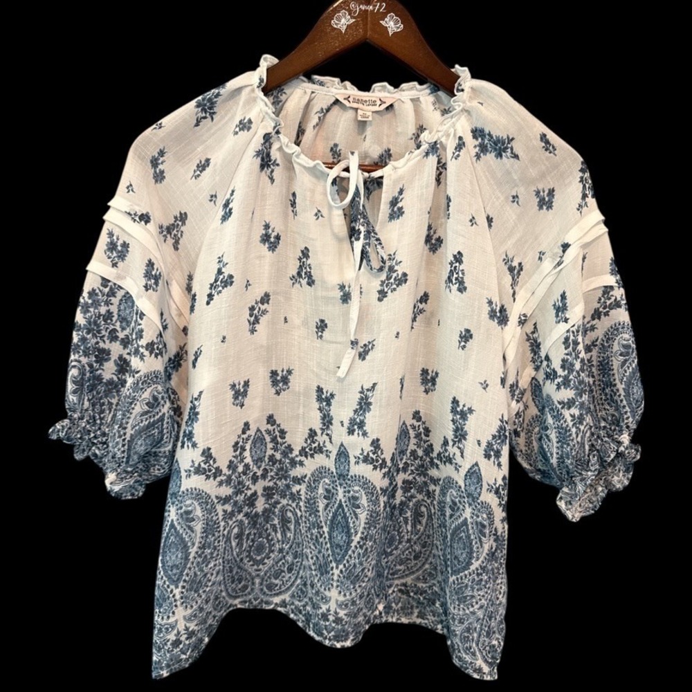 Nanette‎ Lepore Blue White Paisley Floral Peasant Blouse Puff Sleeve Top Sz M